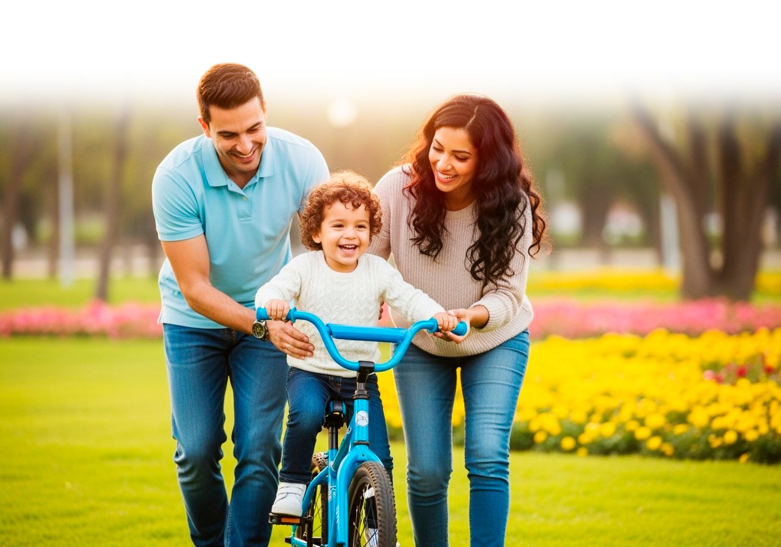 Família feliz andando de bicicleta em campo florido